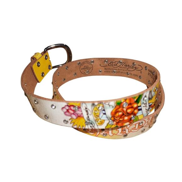 Ed Hardy by Christian Audigier Tattoo Graphic Studded Leather Belt Size L - Picture 3 of 9